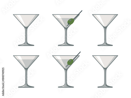 Martini glass set, cocktails, olives, flat vector illustration
