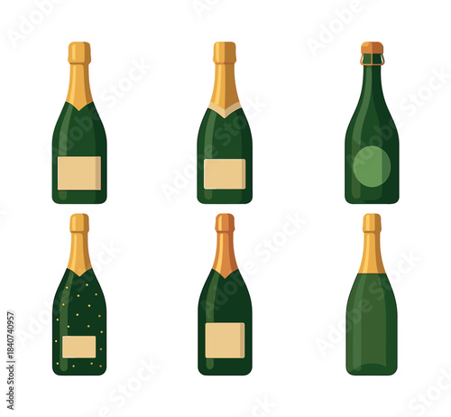 Champagne bottle set, labels, corks, flat vector illustration