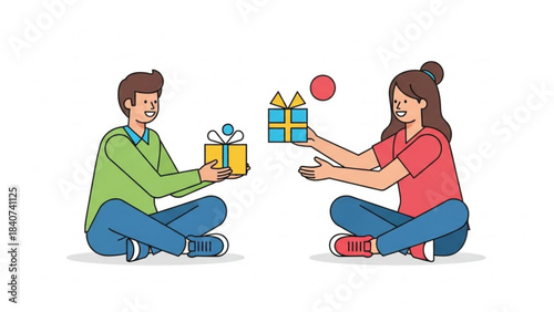 A smiling man in a green sweater gives a yellow gift box to a happy woman in a red shirt both sitting cross legged on a white background isolated on white background