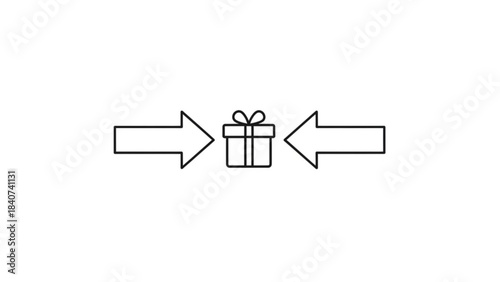Two opposing arrows pointing towards a simple line art gift box in the center isolated on white background
