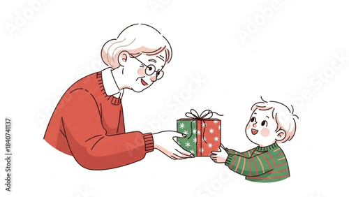 Joyful grandmother giving a decorated present to a happy young child celebrating a special occasion isolated on white background