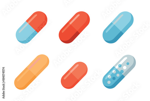 Colorful capsule designs, medicine and pills, flat vector illustration