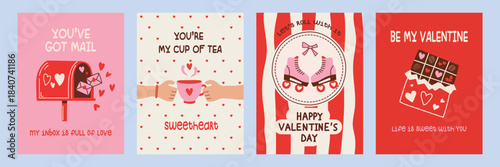 Creative concept of Happy Valentines Day cards in retro style hand drawn style with roller skates, mailbox, chocolate, hearts, . Template for ads, banner, branding,  cover, label, poster.