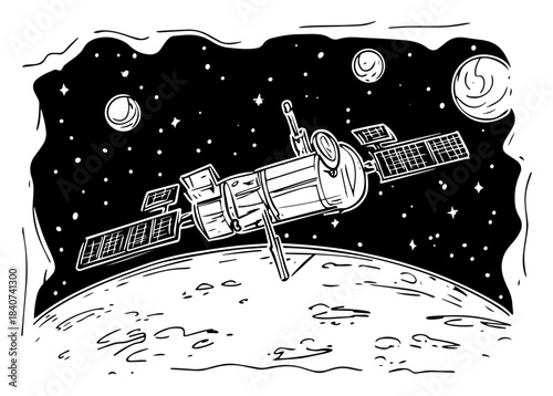 Space satellite orbiting planet vector illustration. Cosmos scene with stars and moon in black and white. Universe technology sketch.