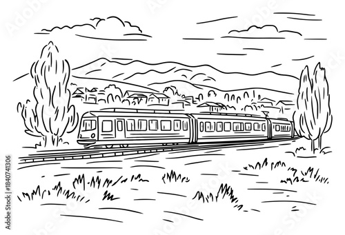 Passenger train in mountain landscape vector illustration. Railway transport traveling through countryside village. Scenic nature sketch.