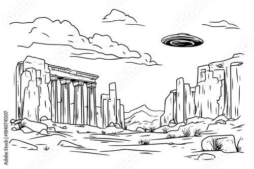 UFO hovering over ancient ruins vector illustration. Alien flying saucer spacecraft visiting greek temple columns. Sci-fi history sketch.