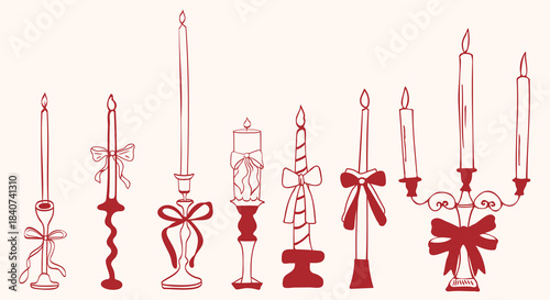 Hand drawn vector set of vintage candlesticks and candelabras decorated with feminine pink ribbon bows. Coquette aesthetic collection for invitations, digital scrapbooking,elegant, nostalgic design