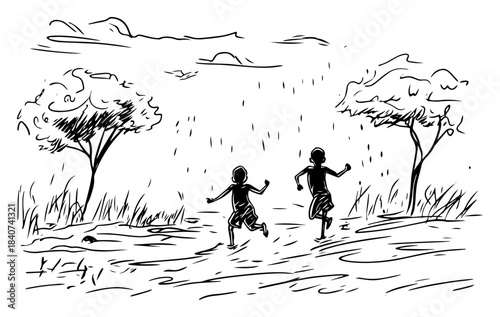 Children running in rain vector illustration. Kids playing in summer storm shower. Happy childhood nature sketch.