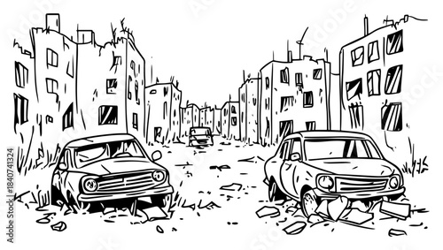 Destroyed city street vector illustration. Post apocalyptic ruins with wrecked cars and broken buildings. War zone sketch.