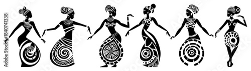 African women dancing vector illustration set. Traditional tribal ladies in ethnic patterned dresses. Cultural silhouette sketch.