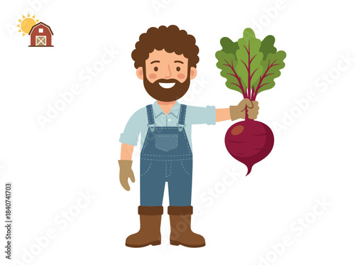 Joyful farmer clutching a sizable beet, smiling amid an organic harvest of country produce, with a massive beetroot in hand, rendered as a flat vector illustration on a white background
