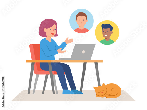 Team members hold a remote business meeting via online video call, illustrating virtual workplace communication in a flat vector style on a white background