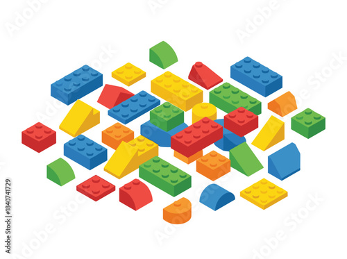 A set of isometric, colorful construction parts displayed on a white background, depicting plastic interlocking toy bricks or building blocks for children's entertainment, rendered as a vibrant