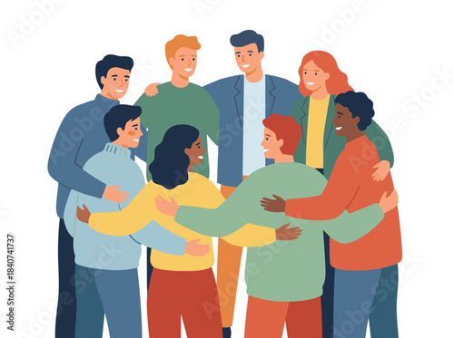 A diverse group of men and women standing together, hugging and embracing, depicted in a flat vector illustration on a white background, symbolizing community and partnership
