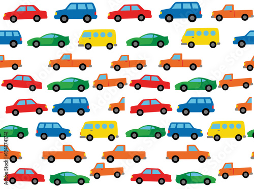 A seamless pattern featuring various automobiles—cabriolet, sedan, pickup, hatchback, SUV, minivan—against a backdrop of modern cars in different models, rendered as a vector illustration suitable