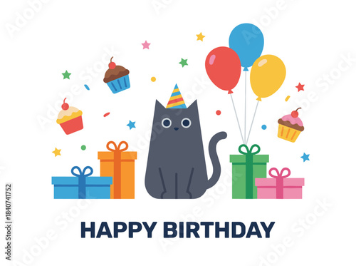 A cheerful birthday greeting featuring a humorous cartoon black cat wearing a party hat, perched among gifts, cupcakes, colorful balloons, and festive confetti, rendered as a flat-style vector