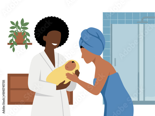 A cute same‑sex family: a lesbian couple with a child, depicted in a colorful morning scene of loving LGBT parents with their child in a bathroom, illustrated as a flat vector cartoon on a white