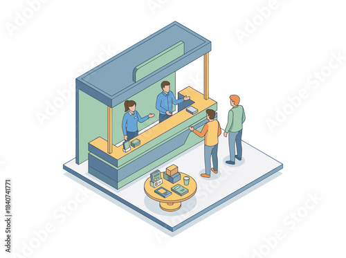 A man and a woman stand before a commercial promotional booth, conversing with a promoter, vendor, or consultant, depicted in a colorful isometric vector illustration typical of trade fairs