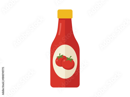 Red plastic squeeze bottle of ketchup, a tomato sauce used as a liquid condiment and seasoning, a kitchen ingredient, shown as a flat vector illustration on a white background