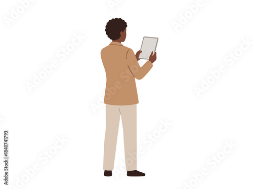 A female business professional seen from behind, holding a laptop in her hands, depicted as an office worker, CEO, or manager in a flat vector illustration against a white background