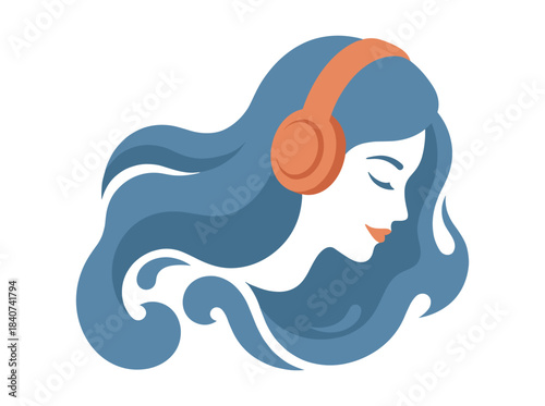 A side view hand‑drawn vector illustration in realistic style of a beautiful young woman with long hair, eyes closed, wearing headphones while listening to music