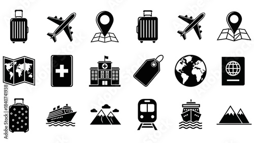 Sleek and solid vector icons collection for modern travel, global destinations, and convenient transportation. Essential graphic elements for digital design