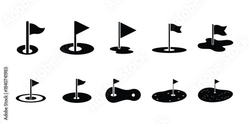 Vector golf hole icons set with flags and bunkers