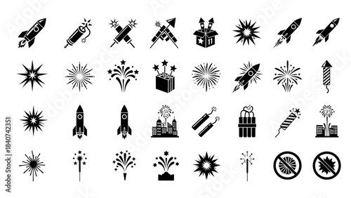 Collection of Fireworks and Rocket Icons with Symbols of Celebration and Prohibition