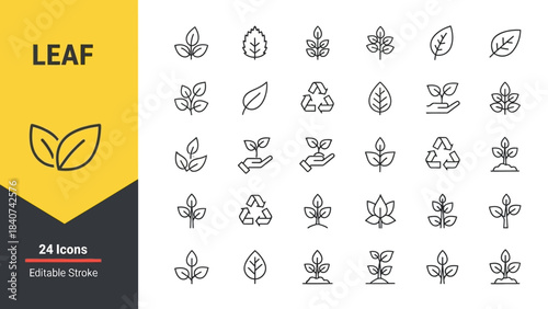 Sleek Vector Outline Leaf and Plant Icons Set depicting growth, nature, and eco-friendly concepts, perfect for minimalist design projects and sustainability themes