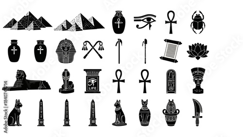 Sleek solid vector icons Ancient Egyptian culture and history. Black and white graphic collection featuring pyramids, sphinx, pharaohs, artifacts, and mythological symbols