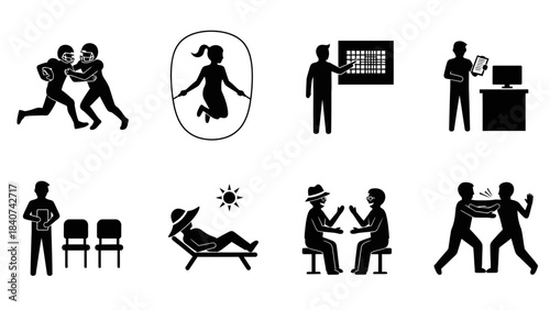 Set of diverse icons depicting human activities from sports to relaxation and business interactions