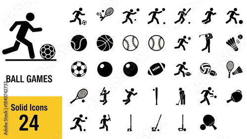 Sleek solid black vector icons representing diverse sports activities, athletic figures, and popular ball games. Ideal for modern digital interfaces, web design, and graphic projects