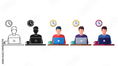 Icon set depicting a person working on a laptop with a clock in the background, representing productivity and time management