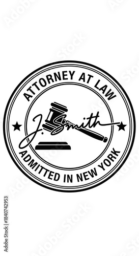 Seal with gavel and text attorney at law admitted in new york.