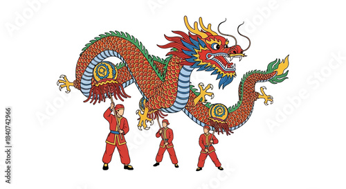 People hold up a colorful dragon puppet in a parade or performance.