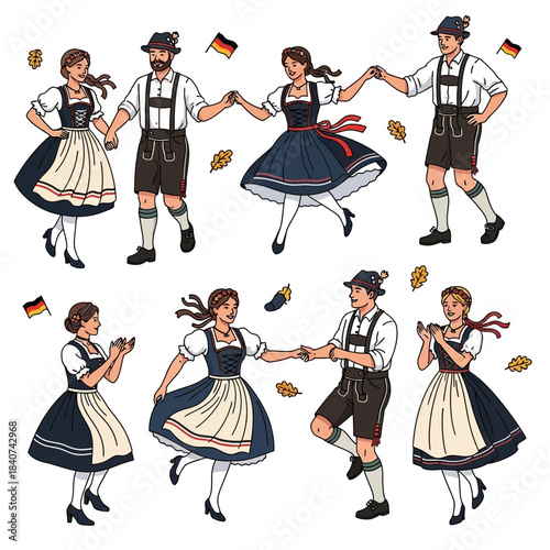 People in traditional bavarian clothing dancing holding hands in a group.