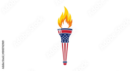 Torch with flame and american flag design on white background.