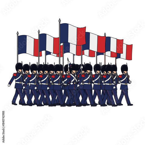 Group of soldiers holding french flags marching in formation on a white background.