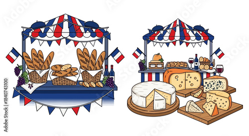 Food market stalls with bread cheese and french flags.