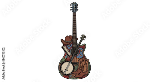 Decorative guitar object with steampunk style elements on a white background.