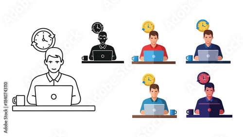 Man working at desk with laptop and clock, symbolizing productivity and time management