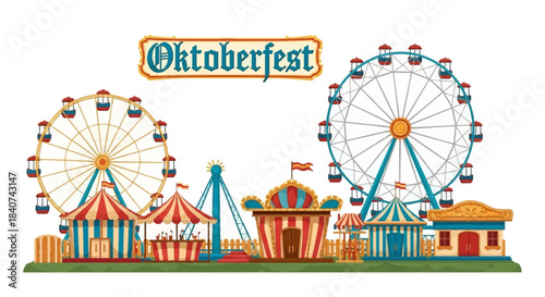 Oktoberfest illustration with ferris wheels tents and fairground attractions on a white background.