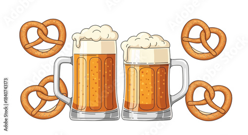 Two beer mugs with foam and pretzels isolated on white background.
