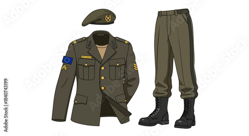 Military uniform including jacket pants boots and beret on white background.