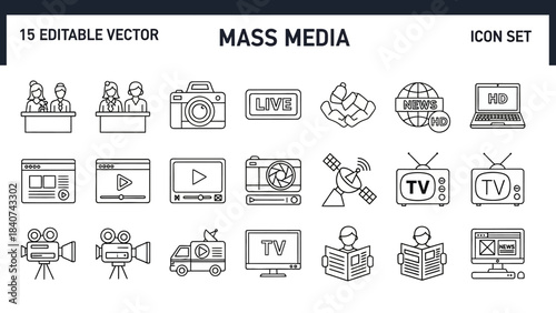 Comprehensive Collection of Outline Mass Media Icons Sleek Vector Symbols for Broadcasting, Digital News, and Communication Services
