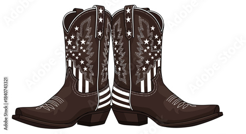 Two brown cowboy boots with white star and stripe designs isolated on white.