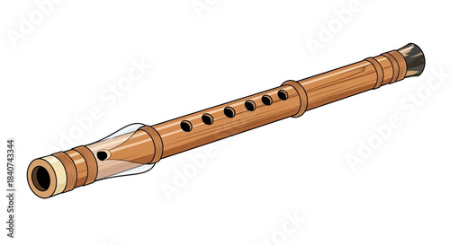Wooden flute with finger holes isolated on white background musical instrument.