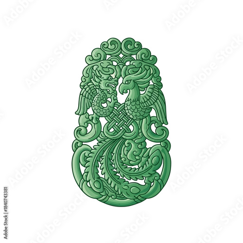 Green jade pendant with intricate carvings isolated on a white background.