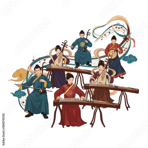 Group of people in traditional clothing playing stringed instruments with decorative elements.