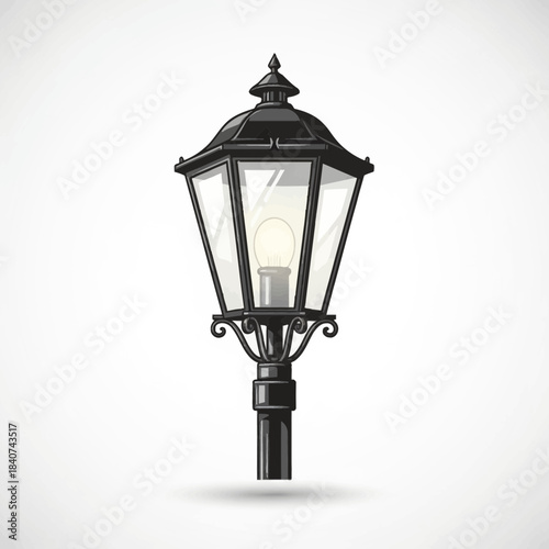 Black vintage street lamp with clear glass and a light bulb inside.